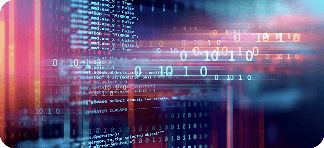 Blaue Programmierzeilen und Binärcode auf einem Bildschirm.