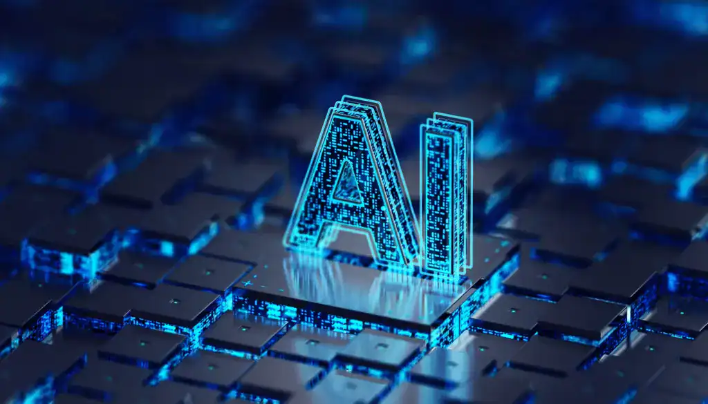 Digitales Bild einer KI-Ikone auf einer Tastatur mit blauer Beleuchtung.