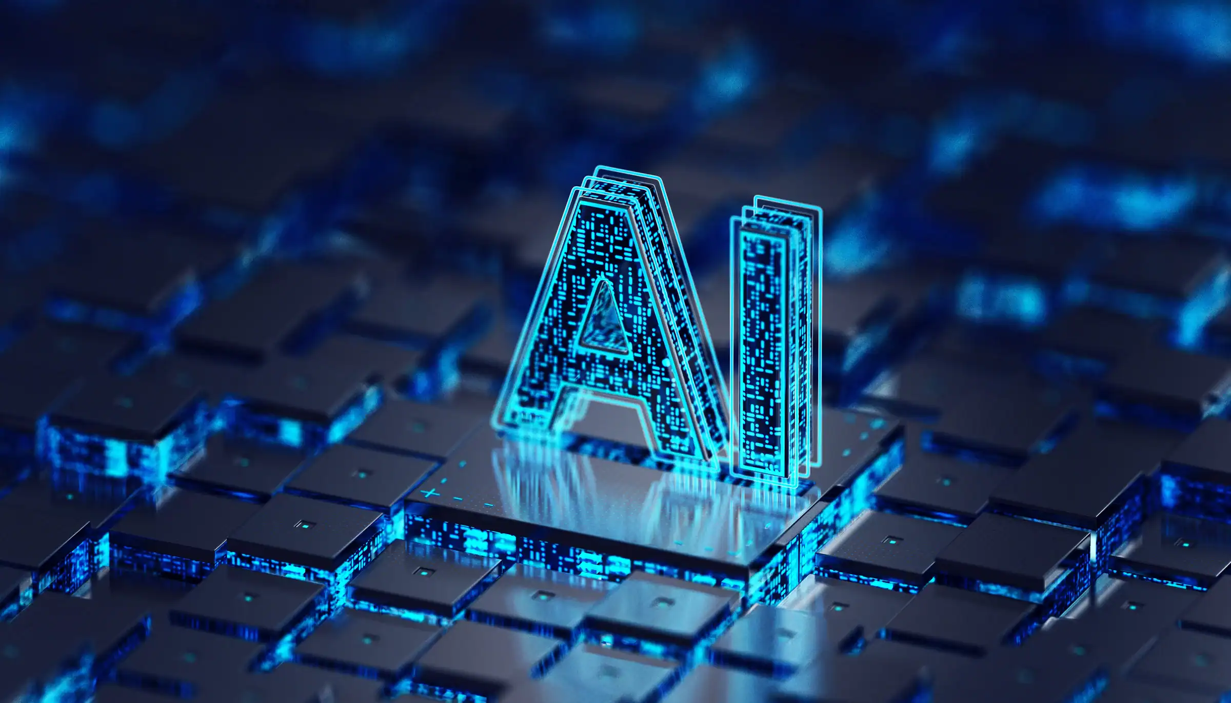 Digitales Bild einer KI-Ikone auf einer Tastatur mit blauer Beleuchtung.