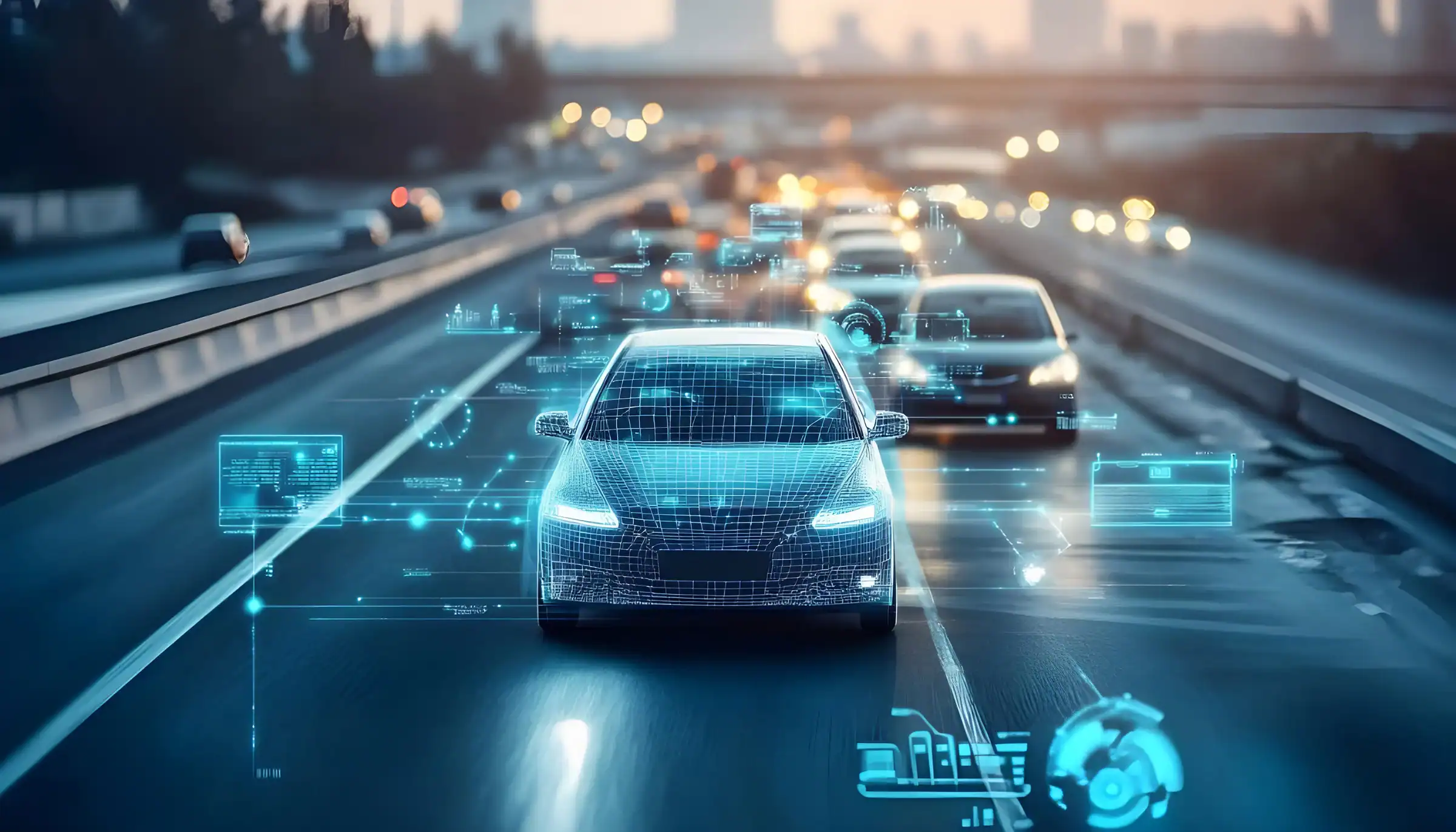 Autonom fahrende Autos mit digitaler Vernetzung auf der Autobahn.