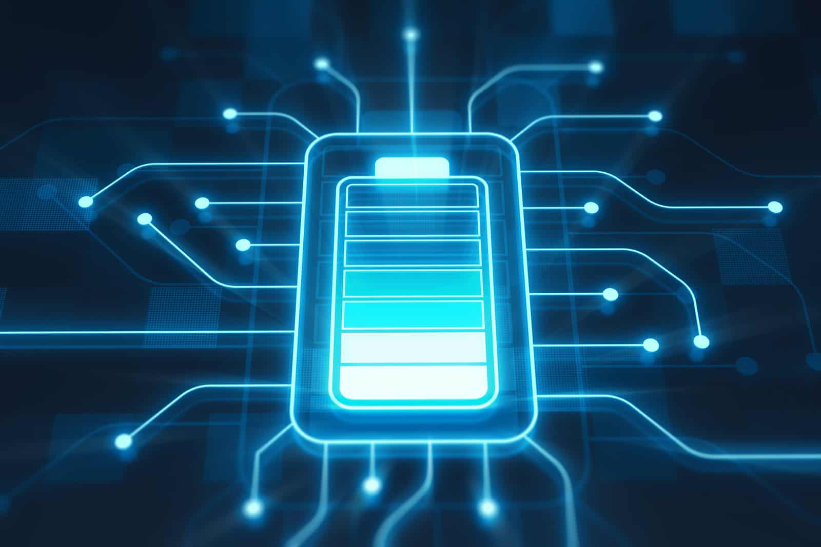 Digitale Batterie mit Verbindungslinien im Hintergrund.