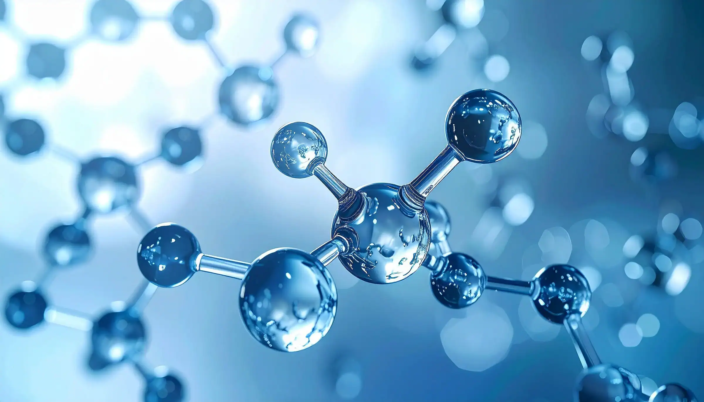 Detailliertes Molekülmodell mit blauen Kugeln und Verbindungen.