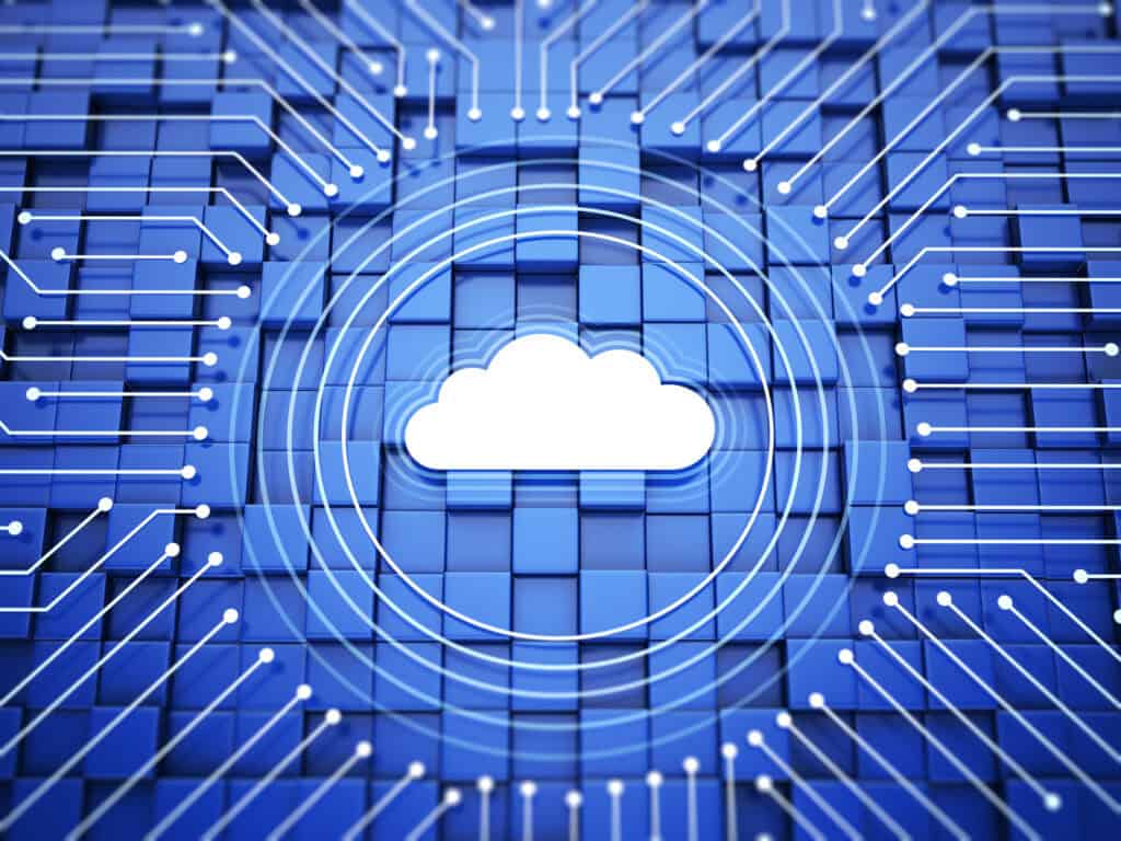 Digitale Cloud-Infrastruktur mit zentralem Cloud-Icon und verbundenen Schaltkreisen.