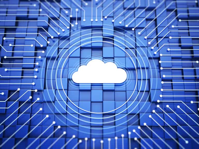Digitale Cloud-Infrastruktur mit zentralem Cloud-Icon und verbundenen Schaltkreisen.