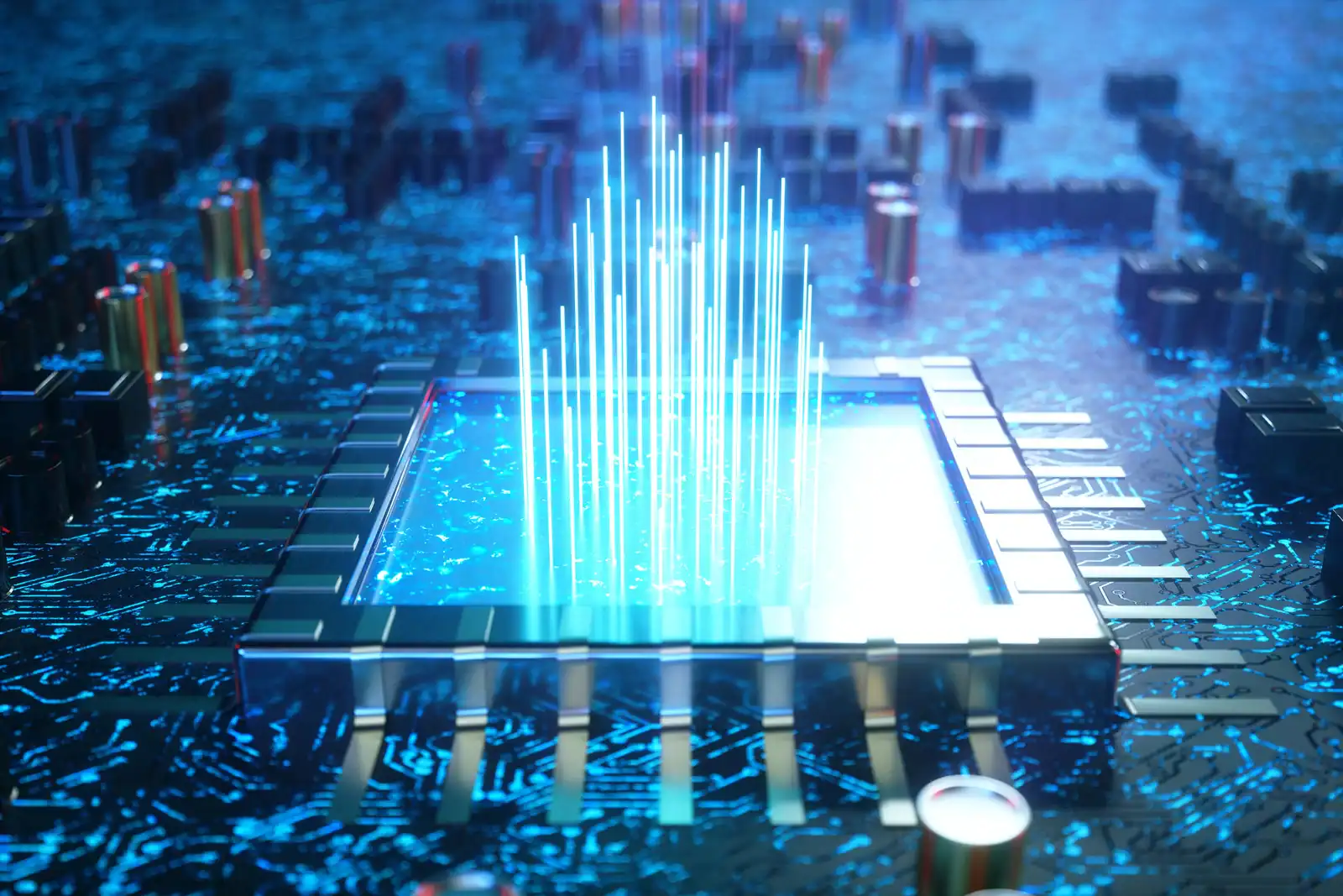 Hochentwickelter Computerchip mit leuchtenden Datenströmen.