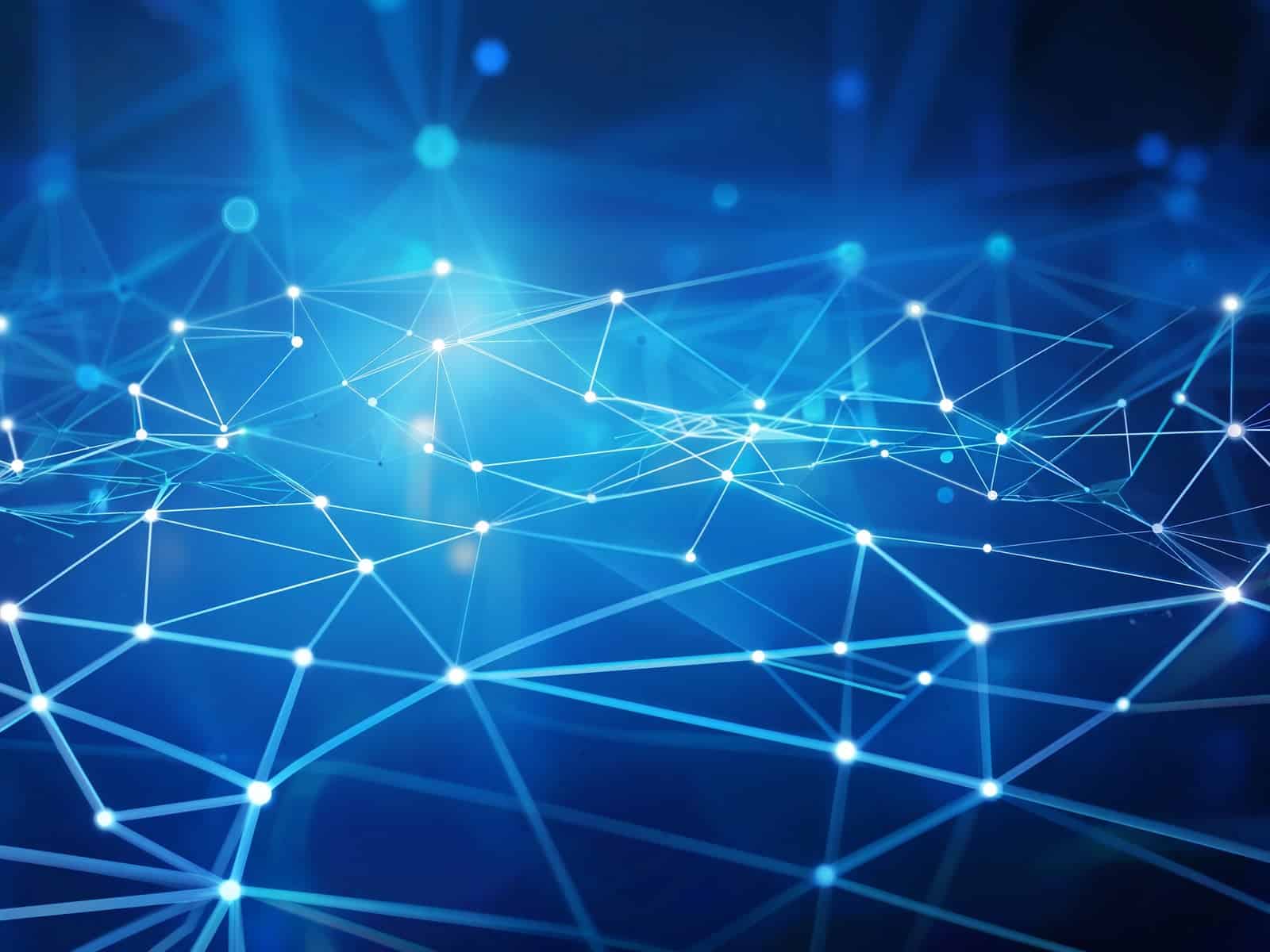Drahtlose Netzwerkverbindung mit leuchtenden Linien und Knotenpunkten in Blau.