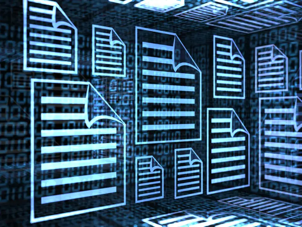 Grafik mit digitalen Dokumenten und Datenströmen in Blau.