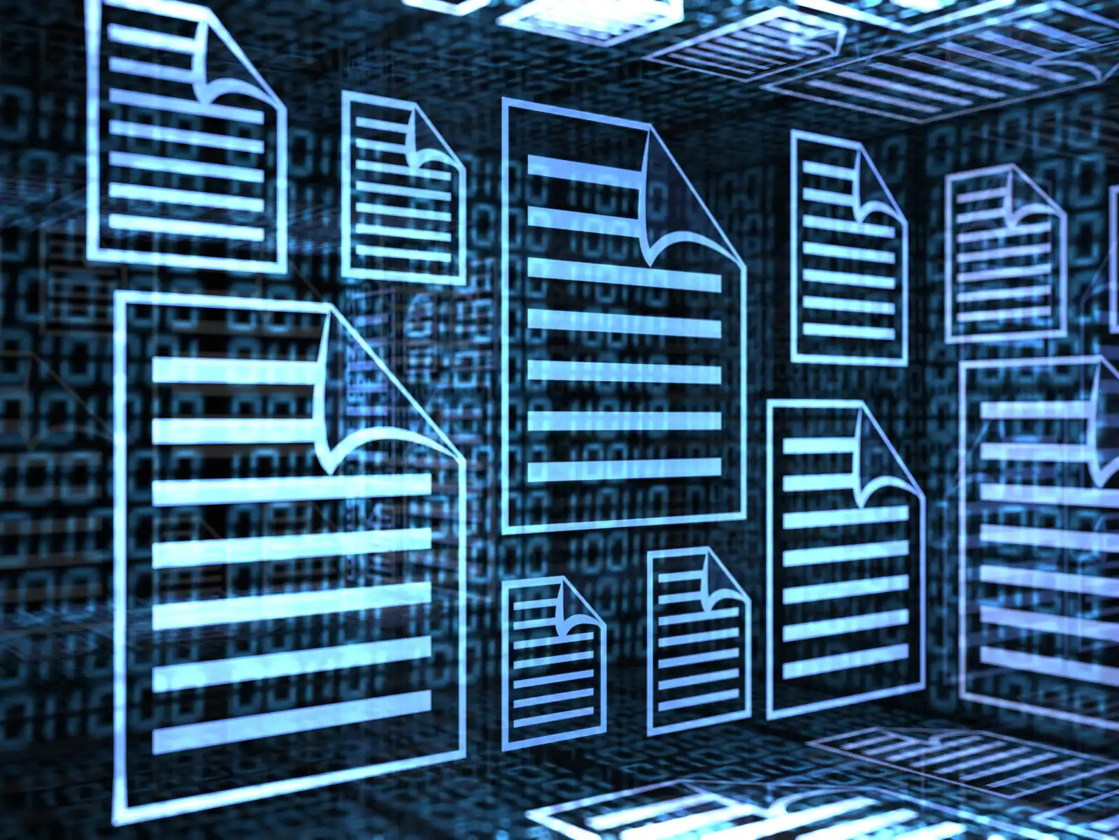 Grafik mit digitalen Dokumenten und Datenströmen in Blau.