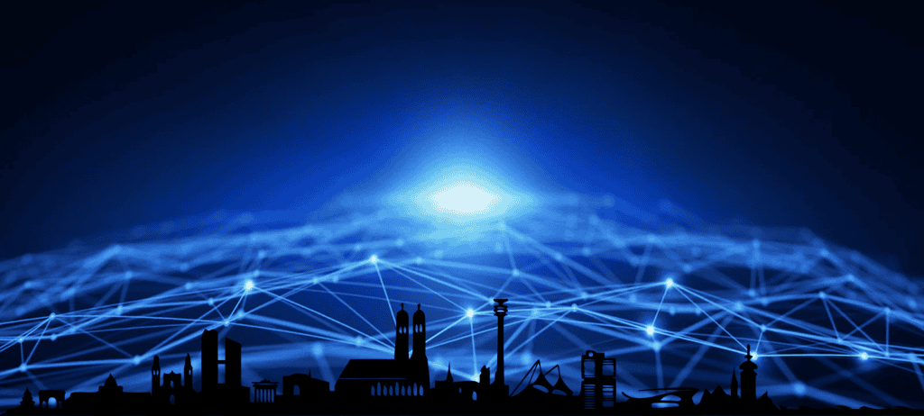 Stadt skyline bei Nacht mit digitaler Vernetzung und Datenströmen.