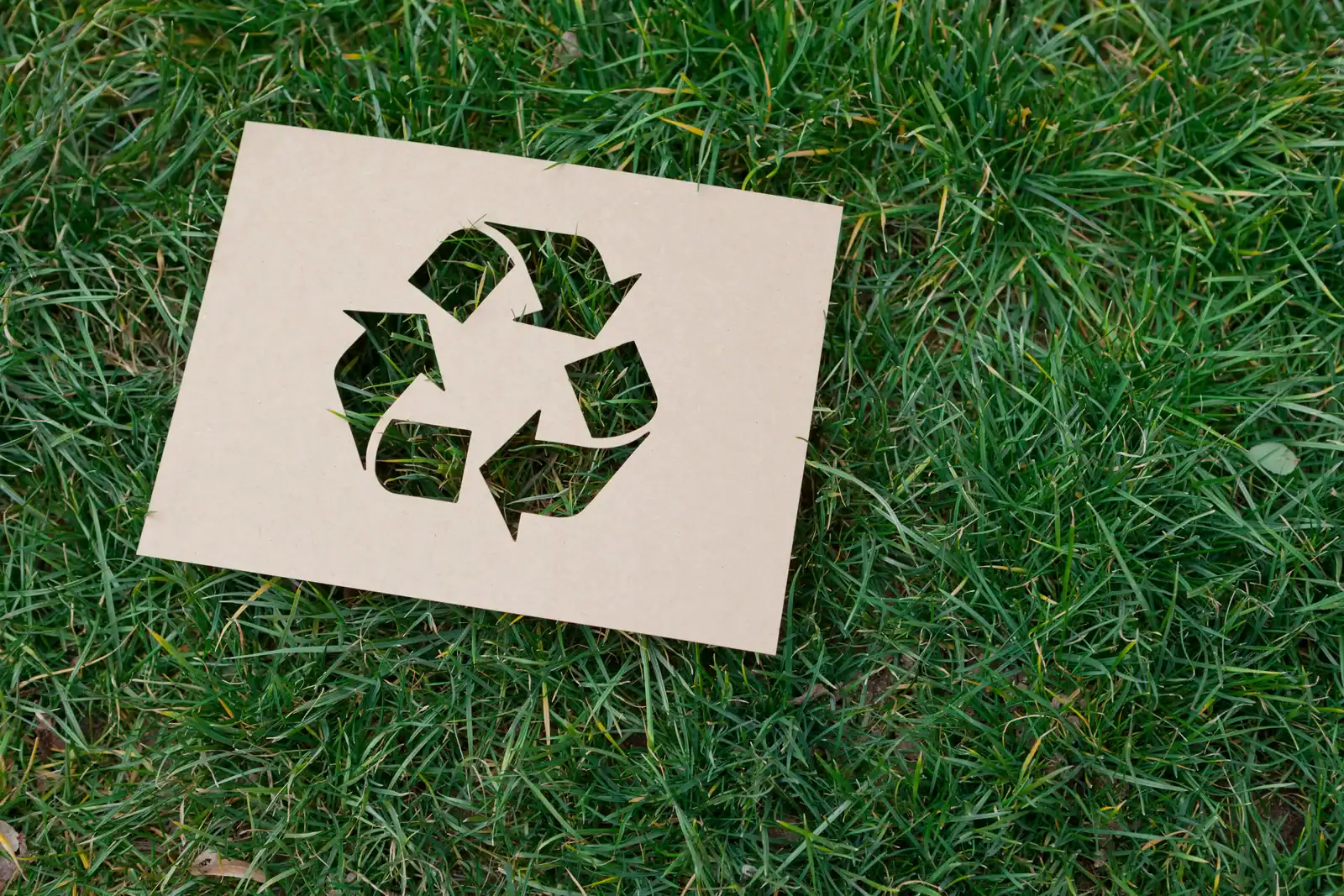 Recycling-Symbol aus Pappe auf Gras.