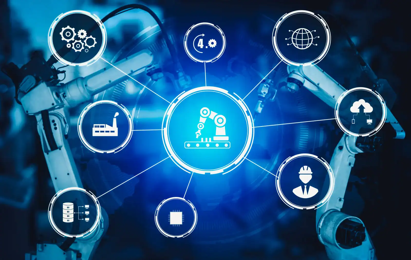 Industrielle Roboterarme mit vernetzten Symbolen für Automatisierung und Digitalisierung.