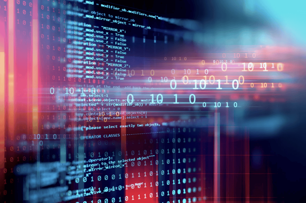 Programmcode mit Binärzahlen und Programmierbefehlen, digitale Technologie.