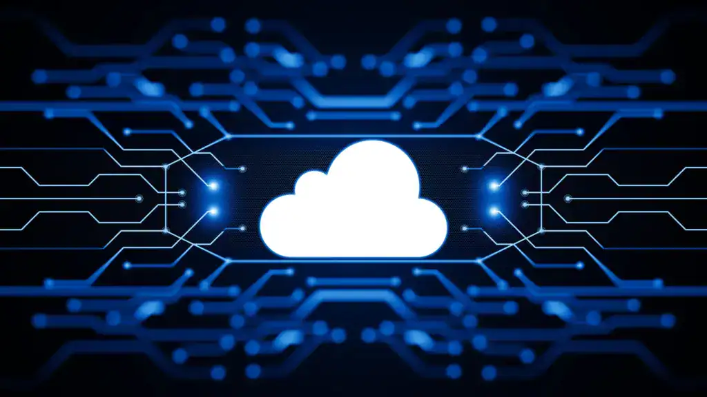 Cloud-Computing-Symbol mit digitaler Vernetzung im Hintergrund.