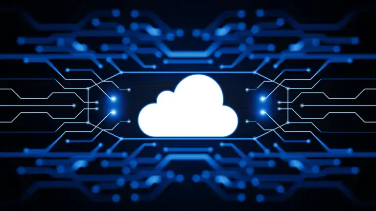 Cloud-Computing-Symbol mit digitaler Vernetzung im Hintergrund.