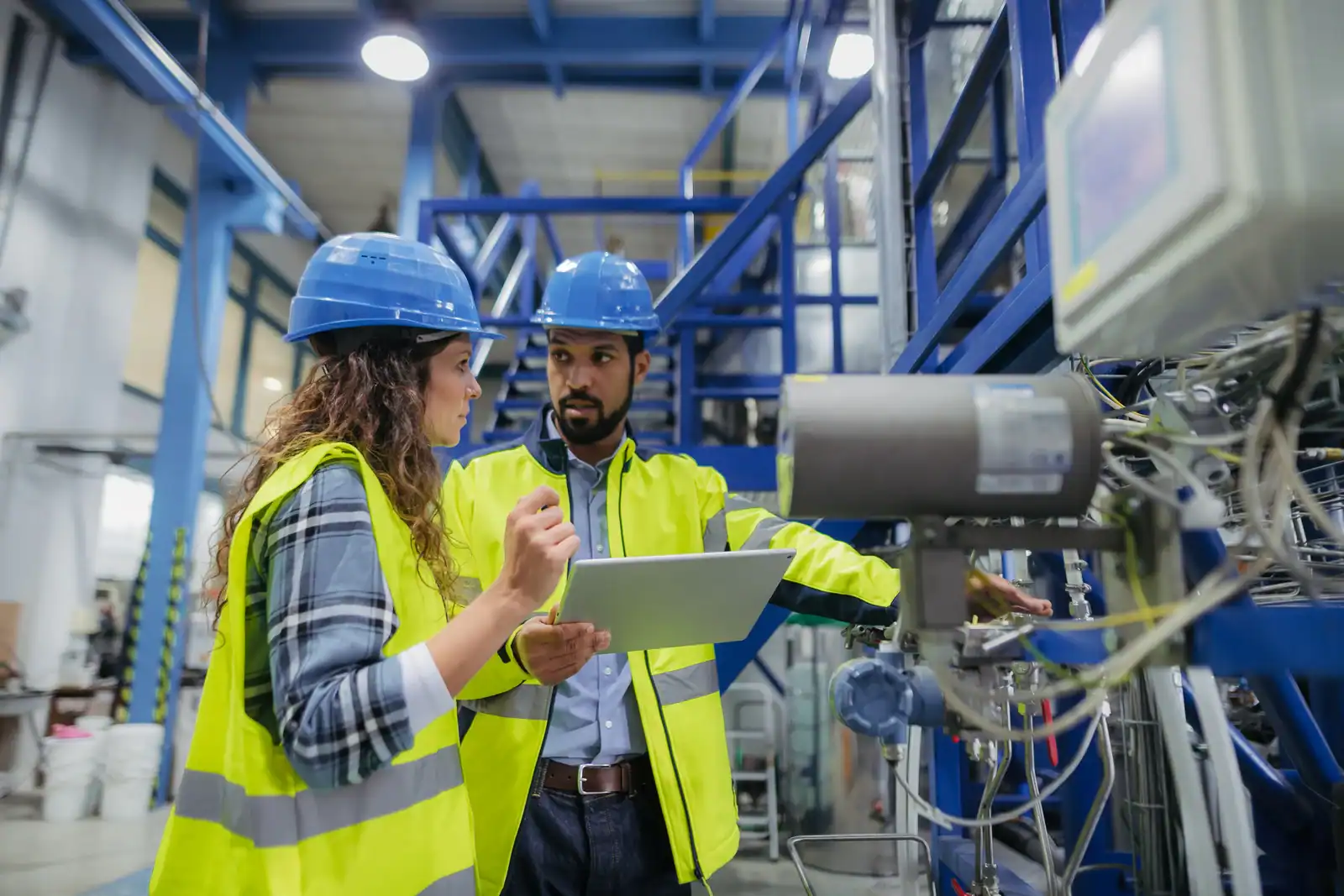 Zwei Techniker in Schutzhelmen und Warnwesten prüfen Maschinen im Industrieanlagenraum.