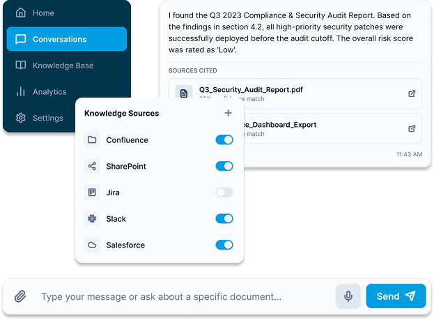 Liste der Knowledge Sources mit Schaltern für Confluence, SharePoint, Jira, Slack, Salesforce.