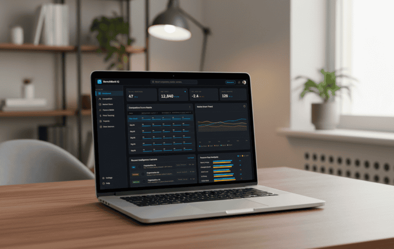 Laptop zeigt Dashboard mit Statistiken und Diagrammen auf einem Schreibtisch.