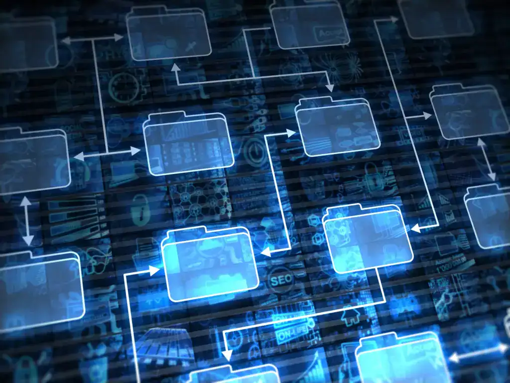 Grafische Darstellung eines digitalen Netzwerks mit verbundenen Datenfeldern und Flussrichtungen.